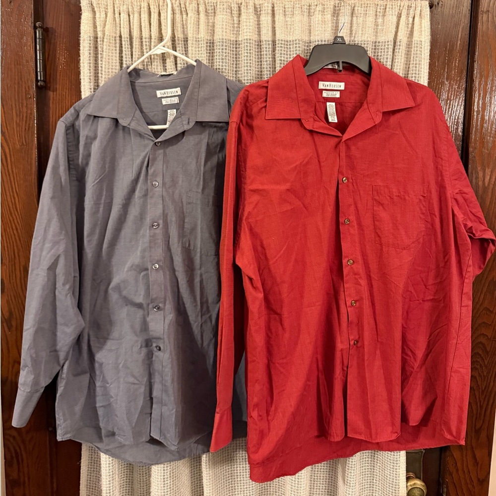 2 Van Heusen Men’s Button Down Shirts Gray + Burnt Orange Size 17 34/35
